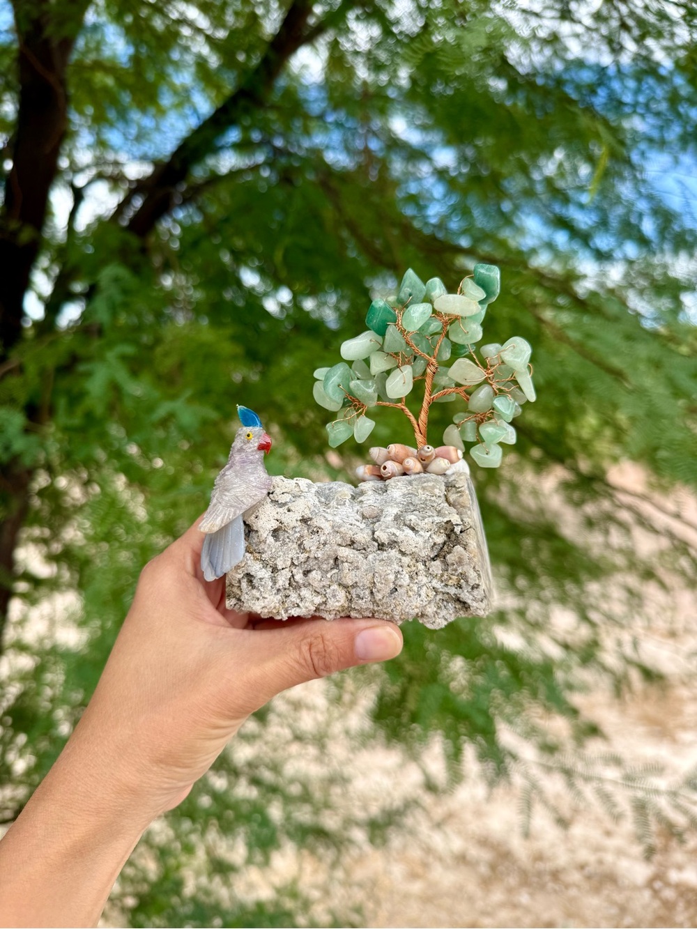 Crystal Parrot on Petrified Wood with Aventurine Tree
